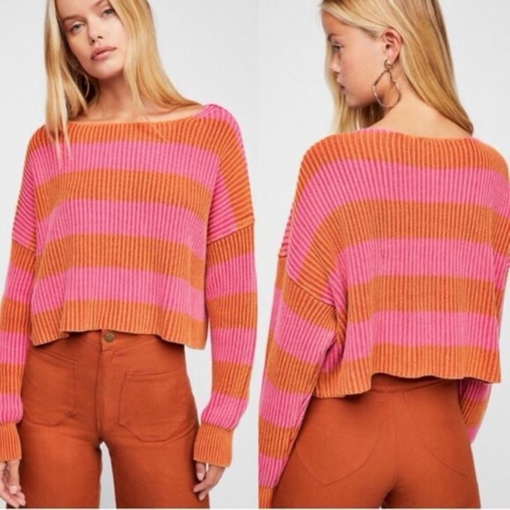 Free People Just My Stripe Cropped Sweater